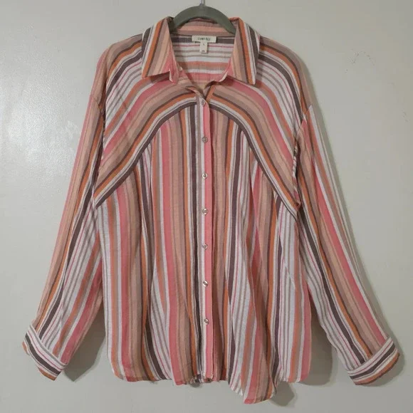 ✨️4/$20. COMO BLU Retro Striped Long Sleeve, Linen Look. Multi-Color, 70's - Picture 4 of 13